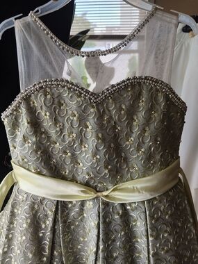 Girls Gold Floral Lace Party Dress with Satin Sash and Pearl Trim
